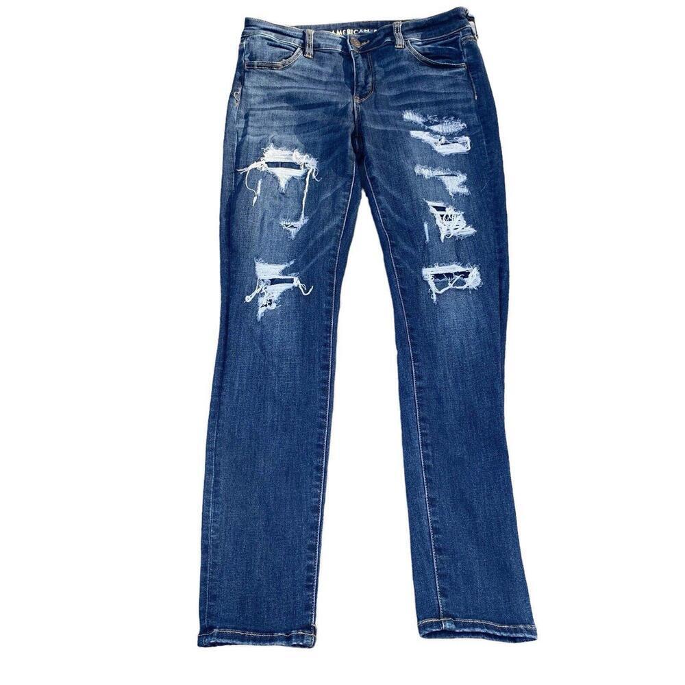American Eagle Womens Next Level Stretch Medium Wash Distressed Blue Jeans Sz 8​